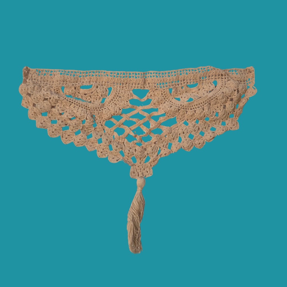 Vintage Beige Crochet Lace Collar Tassel Scalloped Trim Victorian Boho Decor